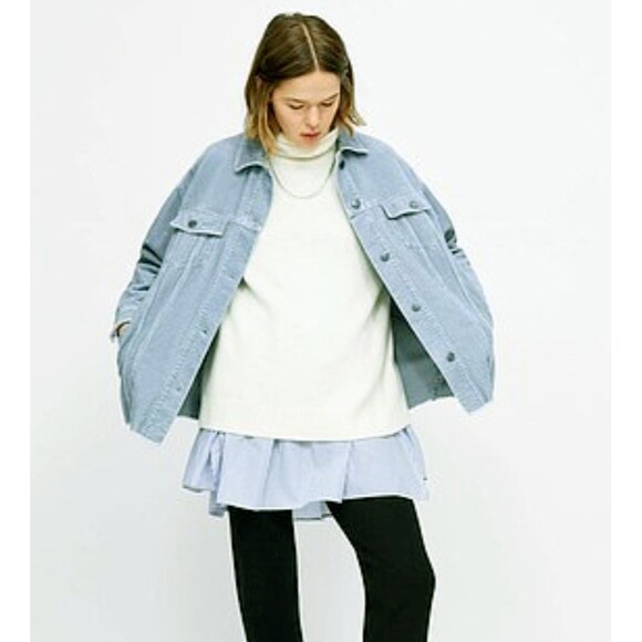 Zara Oversized Corduroy Trucker Jacket Womens XS Baby Blue Raw Hem Gorpcore 90s - Picture 4 of 14